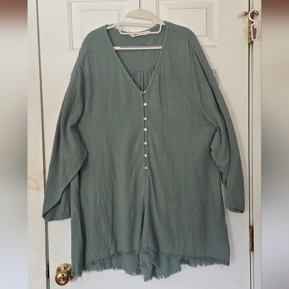 Zara 'Mumbai Jumpsuit' Sage Green Long Sleeve Raw Hem Romper